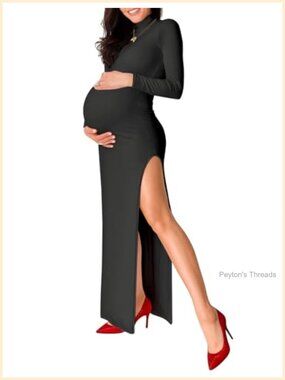 Long Sleeve Turtleneck Maternity Maxi Dress Side Slit Bodycon Pregnancy